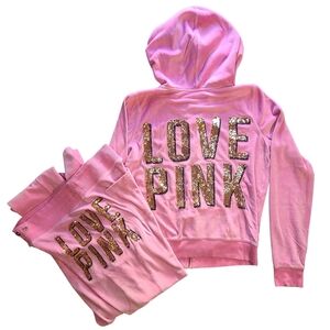 Victoria’s Secret PINK Sequin LOVE PINK Velour Hoodie + Pants Set M Pink